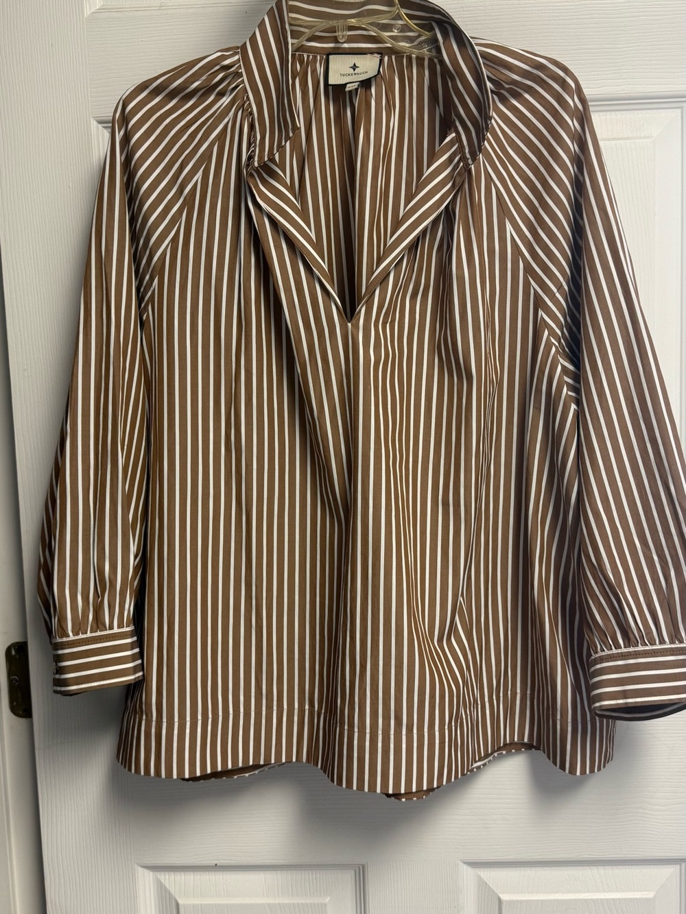 Tuckernuck Brown and White Stripe flowy stand up collar V-Neck Blouse XXL - Picture 3 of 11